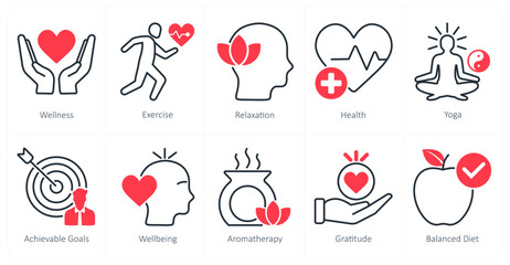 Sticker - A set of 10 wellness icons as wellness, exercise, relaxation