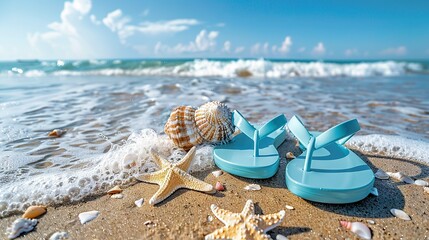 Wall Mural -   A pair of blue flip-flops rests atop a sandy seashore near a starfish in the ocean