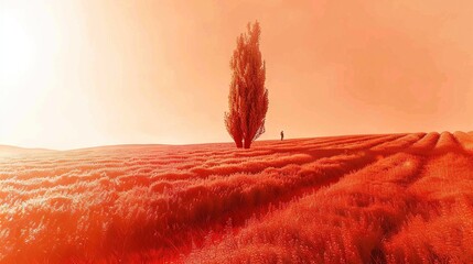 Wall Mural -   A solitary tree stands amidst a sea of red grass, bathed in the golden light of the setting sun