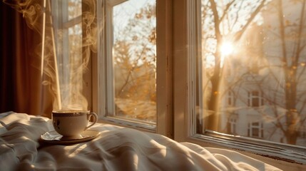 Poster -   Coffee sits on bed, under sunbeams through tree leaves