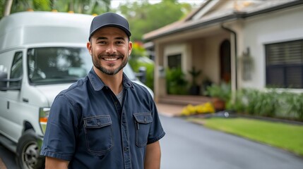 Wall Mural - A smiling man in front of a white van.