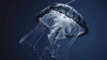 Wall Mural -   A monochromatic, gigantic jellyfish glides through the water as its head rests atop the surface