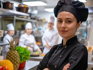 Wall Mural - A female chef standing in a kitchen with other chefs behind her.