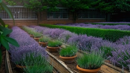 Wall Mural -   A row of potted lavender sits atop a wooden bench, framing a lush green hedge