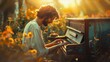 © VISUAL BACKGROUND - A man playing the piano in a field.