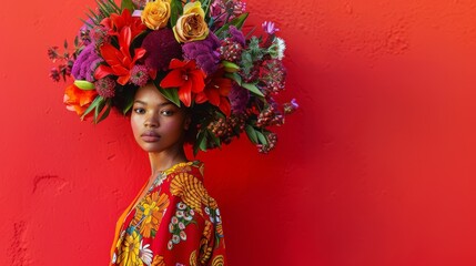 Wall Mural - Young woman model with a bouquet of multi-colored flowers on her head on a red background in fashion editorial style.