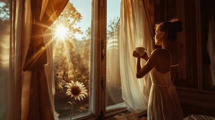 Sticker -   A woman holds a cup of coffee while standing in front of a window and gazing outside