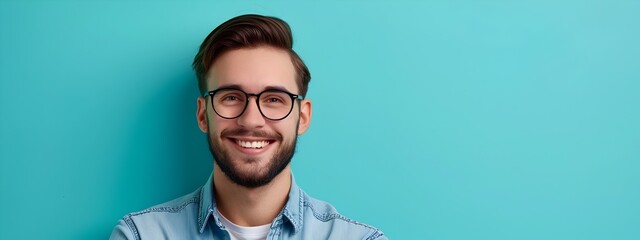 Wall Mural - Smiling Young IT Manager Radiating Confidence and Professionalism on Modern Color Background