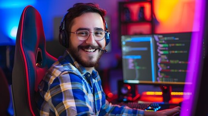 Smiling Young Network Administrator Diligently Working at Colorful Computer Workstation