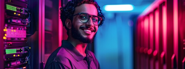 Smiling Young Network Administrator Working in Colorful Tech Environment