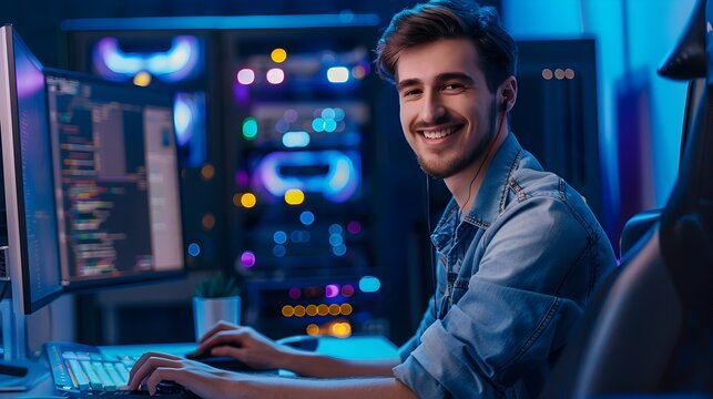 Smiling Young Network Administrator Working at Computer Desk