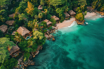 Wall Mural - A drone view of a tropical coastal haven with lush palm trees and thatched-roof bungalows. The town is nestled in a secluded cove, with turquoise waters lapping against golden sandy beaches