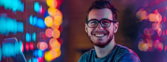 Smiling Young Software Engineer in Vibrant Workspace