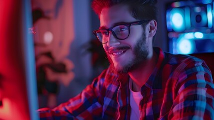 Sticker - Smiling Young Tech Professional Working on Laptop in Colorful Office Setting