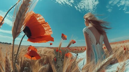 Sticker -   A woman stands amidst golden wheat fields, an orange blossom framing her portrait against the serene blue sky