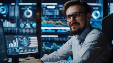 Successful Young Analyst Reviewing Financial Data and Visualizations on Multiple Digital Displays