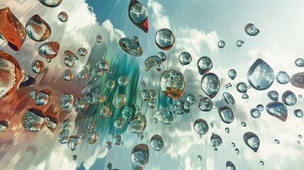 Poster -   A cluster of water droplets bobbing atop a blue and white canvas with a sky as its backdrop