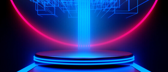 Wall Mural - 3d illustration rendering of gamer technology futuristic cyberpunk sci-fi display podium, gaming sci