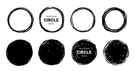 Aufkleber - Round circular logo hand drawn brush stroke icon frame element. Round logo frame hand drawn texture brush stroke. Circle doodle ink black shape. Rough grunge circular. Vector illustration.