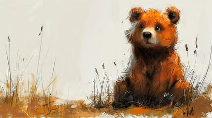 Wall Mural -   A brown bear sits in a green field surrounded by tall grass and weeds, facing a white wall