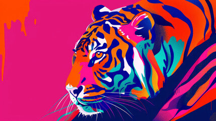  Illustration portrait of a tiger in trendy colorful psychedelic surreal colors