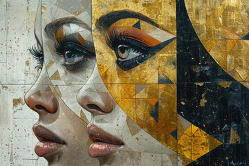 A painting of three beautiful women's faces with different skin tones, with the background being abstract geometric shapes in black and gold. Crated with AI