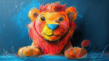 Poster -   A painting of a lion on a blue background with a red nose and blue eyes