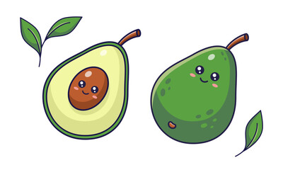 Canvas Print - Cute Kawaii Avocado character whole and cut. Vector hand drawn cartoon icon illustration. Avocado character in Cartoon manga style. Isolated on white background.