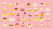 © Dedraw Studio - Set of hand drawn vintage sweet dessert food. Cake illustration collection with pastry goods, bakery product clip art bundle. Cupcake element drawing, flat cartoon.