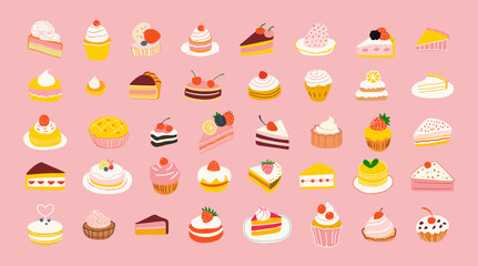 set of hand drawn vintage sweet dessert food. cake illustration collection with pastry goods, bakery