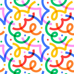 Leinwandbilder - Fun colorful line doodle seamless pattern. Creative minimalist style art background for children or trendy design with basic shapes. Simple party confetti texture, childish scribble shape backdrop.