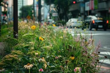 A city corner transformed into a small garden with wildflowers along the street.