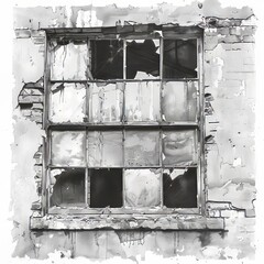 Sticker - Old abandoned window in black and white illustration