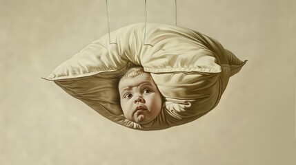 Sticker -  A painting of a baby peeking from beneath pillow-covered bedding