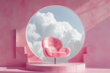 A pink and white surreal, soft and dreamy, landscape with a pink chair in the center and two pink trees with a bunch of clouds on either side of the chair, on cloudy sky.