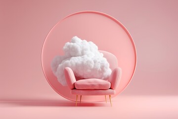 A pink and white surreal, soft and dreamy, landscape with a pink chair in the center and two pink trees with a bunch of clouds on either side of the chair, on cloudy sky.