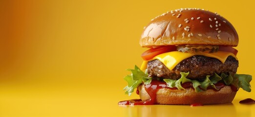 Wall Mural - Burger close-up on a bright yellow background. A banner, a place for text.