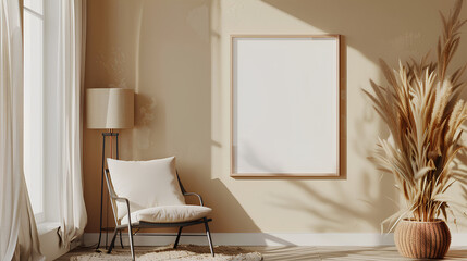 A large blank white picture frame hanging on the wall of an elegant bohemian living room, with warm beige walls and light wood accents. Mockup.