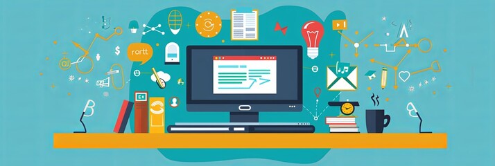 Aufkleber - A computer monitor rests on top of a desk in a room used for online education training and e-learning webinars. EdTech concept for personal and professional development. Generative AI