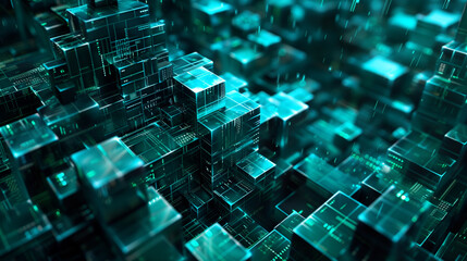 Wall Mural - digital data cubes with binary codes and circuit lines, futuristic technology background, modern cyb