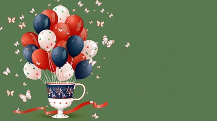 Sticker -   A red, white, and blue coffee cup filled with streamers on a green background