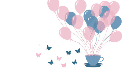 Wall Mural -   A cup with pink and blue balloons and a surrounding cluster of blue and pink balloons against a white backdrop