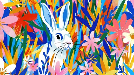 Canvas Print -   Painting of a rabbit amidst colorful flowers against a vibrant sunset backdrop