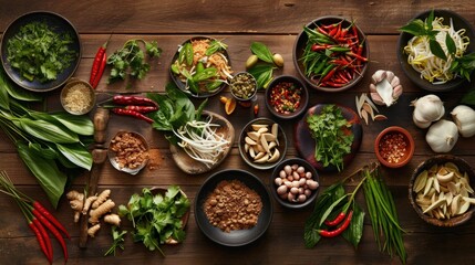Food from Thailand, herbs and spices from Thailand, wooden background