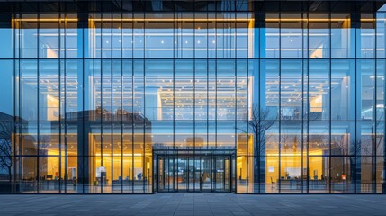 Wall Mural - Evening view of a modern office building's glass facade beautifully illuminated showcasing architectural symmetry and design. Generative Ai