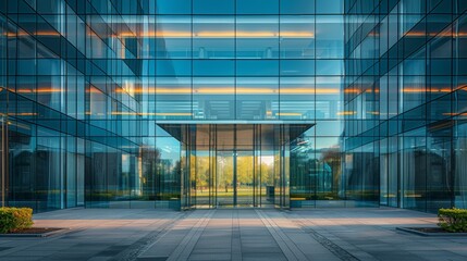 Wall Mural - Evening view of a modern office building's glass facade beautifully illuminated showcasing architectural symmetry and design. Generative Ai