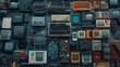 © Dojirich ai - Collection of vintage electronic devices including keyboards, monitors, and circuit boards arranged neatly in a grid pattern on a blue surface, showcasing technology evolution and retro electronics.