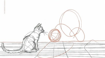   A cat sits beside a ball of yarn on the ground and a ball of yarn on the floor