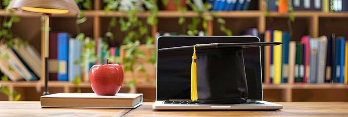 Leinwandbilder - A laptop computer positioned on a wooden table, symbolizing EdTech education, distance learning, and online training for personal and professional development. Generative AI