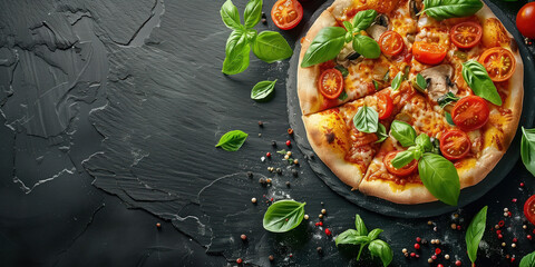 Wall Mural - Freshly cooked pizza with ingredients on a black slate background